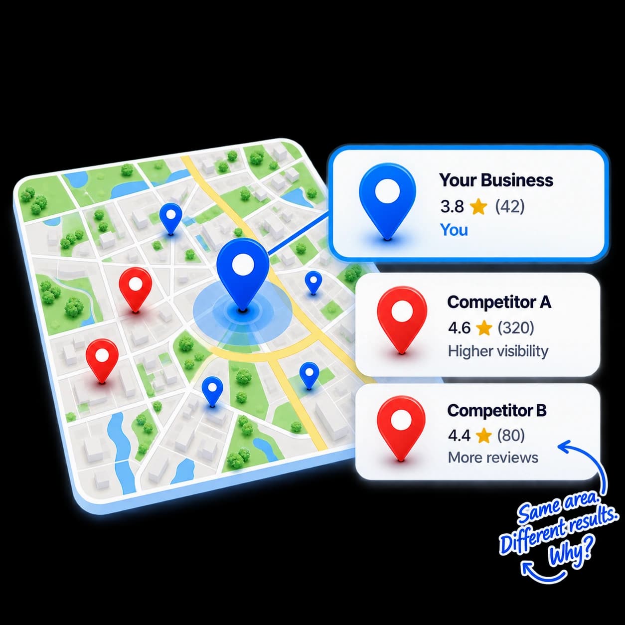 Example comparison of a business with nearby Google Maps competitors