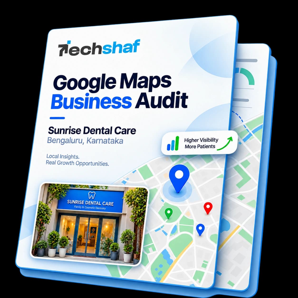 Techshaf Google Maps Business Audit report mockup featuring a sample dental clinic report and map insights