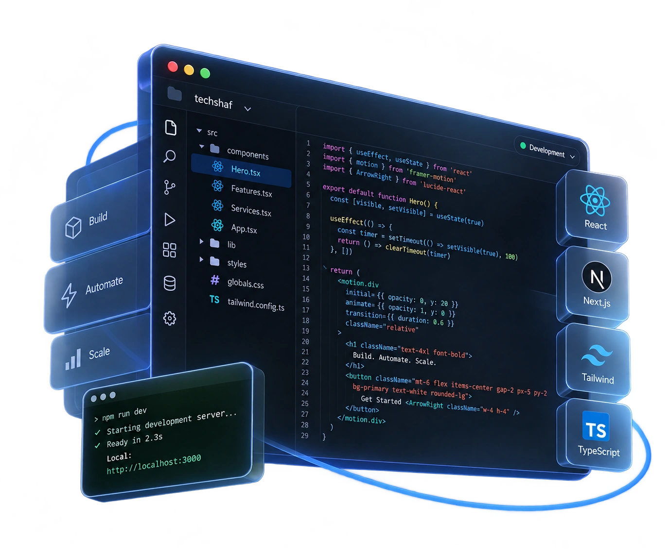 Modern website development code editor mockup
